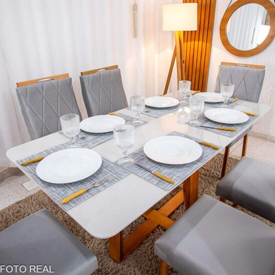 Mesa de Jantar Pedro 160x80 Vidro Off Base Madeira + 6 Cadeiras Lisboa Veludo Prata 514 Art Assento - Entregue Montada