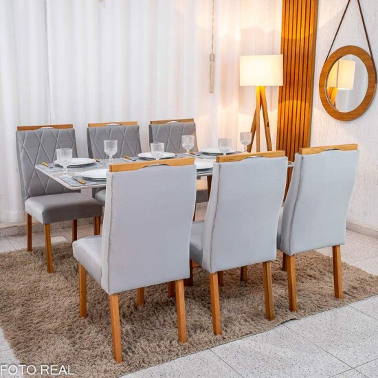 Mesa de Jantar Pedro 160x80 Vidro Off Base Madeira + 6 Cadeiras Lisboa Veludo Prata 514 Art Assento - Entregue Montada