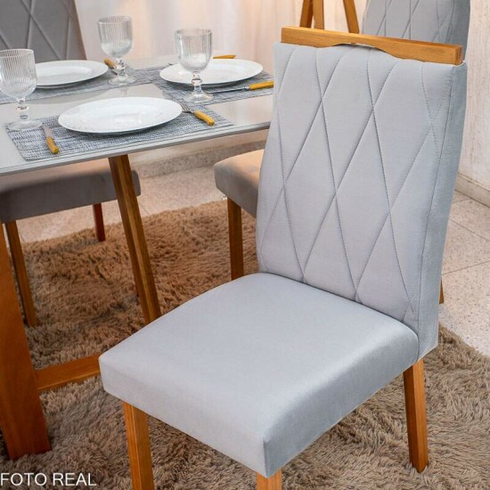 Mesa de Jantar Pedro 160x80 Vidro Off Base Madeira + 6 Cadeiras Lisboa Veludo Prata 514 Art Assento - Entregue Montada