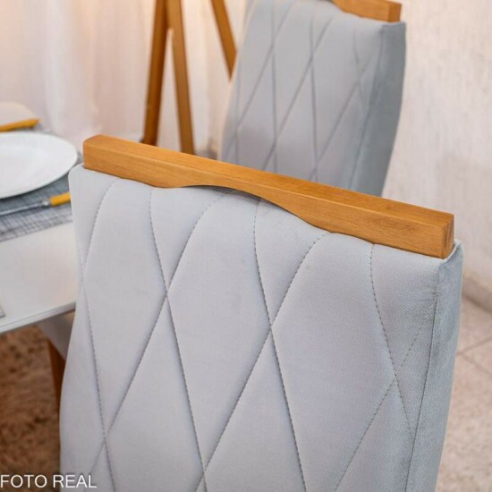 Mesa de Jantar Pedro 160x80 Vidro Off Base Madeira + 6 Cadeiras Lisboa Veludo Prata 514 Art Assento - Entregue Montada