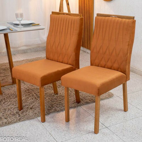 Mesa de Jantar Pedro 12080 Mel Vidro Off + 4 Cad. Genova Veludo Terracota 513 Madeira Art Assento - Entregue Montada