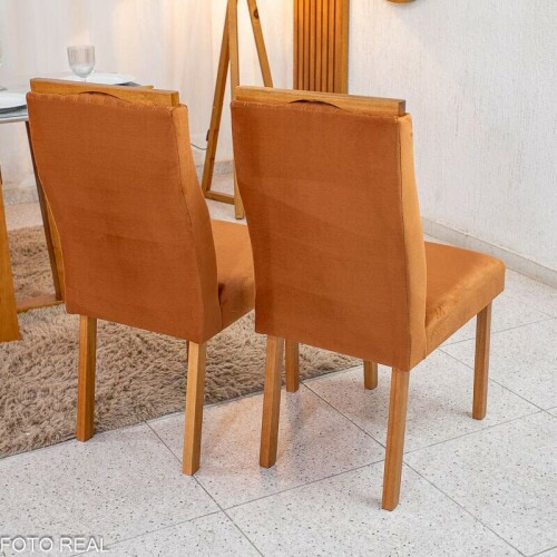Mesa de Jantar Pedro 12080 Mel Vidro Off + 4 Cad. Genova Veludo Terracota 513 Madeira Art Assento - Entregue Montada
