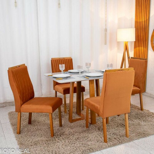 Mesa de Jantar Pedro 12080 Mel Vidro Off + 4 Cad. Genova Veludo Terracota 513 Madeira Art Assento - Entregue Montada