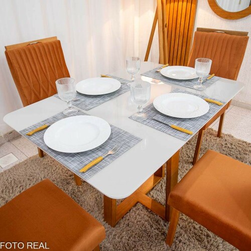 Mesa de Jantar Pedro 12080 Mel Vidro Off + 4 Cad. Genova Veludo Terracota 513 Madeira Art Assento - Entregue Montada