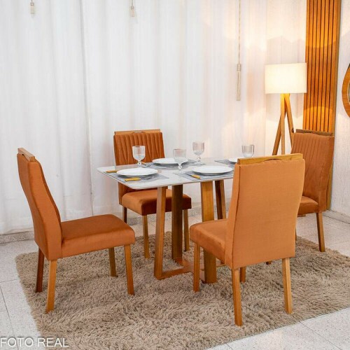 Mesa de Jantar Pedro 12080 Mel Vidro Off + 4 Cad. Genova Veludo Terracota 513 Madeira Art Assento - Entregue Montada