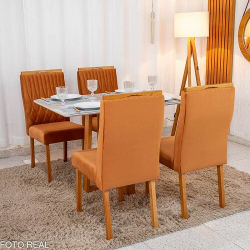 Mesa de Jantar Pedro 12080 Mel Vidro Off + 4 Cad. Genova Veludo Terracota 513 Madeira Art Assento - Entregue Montada