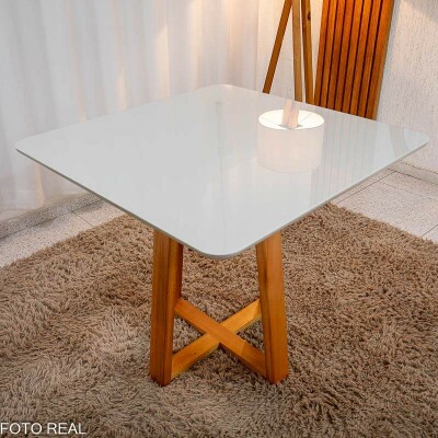 Mesa de Jantar Bali 90x90 Vidro Off/Base Madeira Minas Plac - Entregue Montada