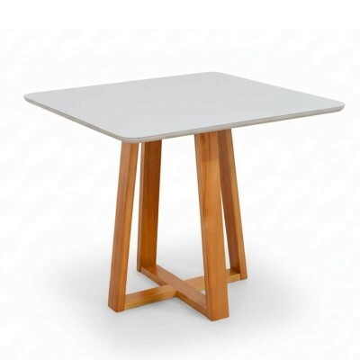 Mesa de Jantar Bali 90x90 Vidro Off/Base Madeira Minas Plac - Entregue Montada