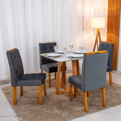 Mesa de Jantar Bali 9090 Vidro Off/Base Madeira + 4 Cad. Londres Veludo Chumbo Madeira Minas Plac - Entregue Montada