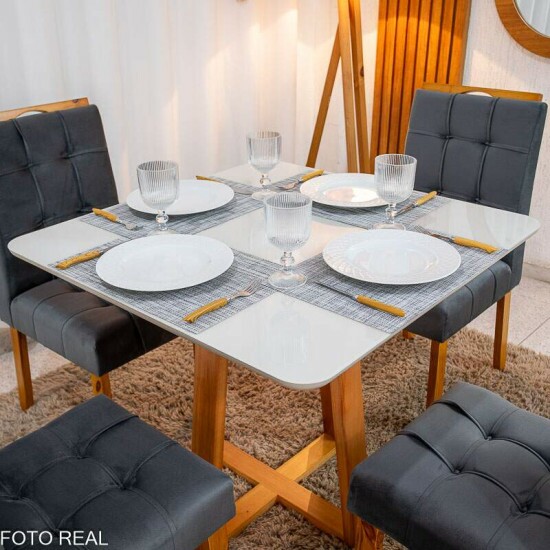 Mesa de Jantar Bali 9090 Vidro Off/Base Madeira + 4 Cad. Londres Veludo Chumbo Madeira Minas Plac - Entregue Montada