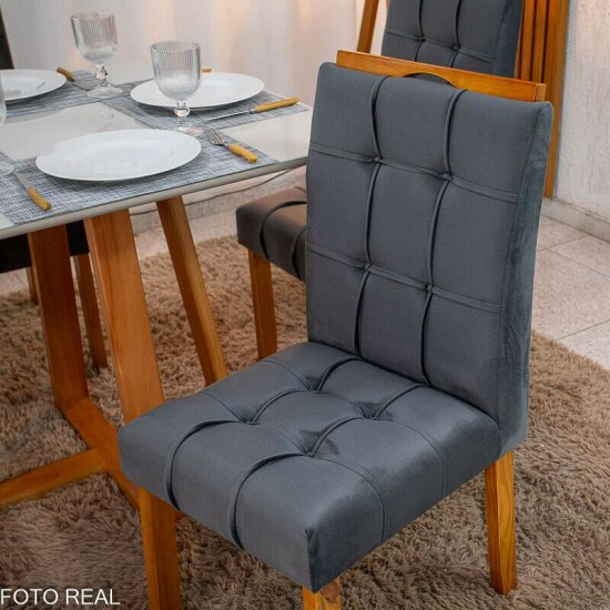 Mesa de Jantar Bali 9090 Vidro Off/Base Madeira + 4 Cad. Londres Veludo Chumbo Madeira Minas Plac - Entregue Montada
