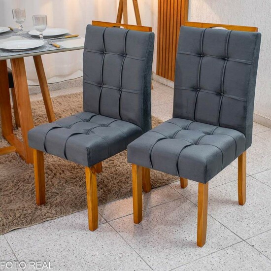 Mesa de Jantar Bali 9090 Vidro Off/Base Madeira + 4 Cad. Londres Veludo Chumbo Madeira Minas Plac - Entregue Montada