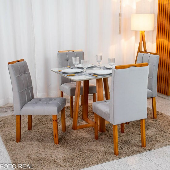 Mesa de Jantar Bali 90x90 Vidro Off Base Madeira + 4 Cadeiras Londres Veludo Prata Minas Plac - Entregue Montada