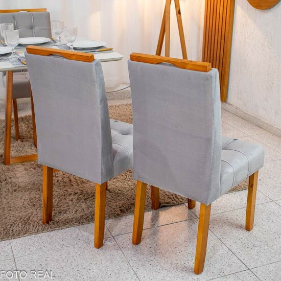 Mesa de Jantar Bali 90x90 Vidro Off Base Madeira + 4 Cadeiras Londres Veludo Prata Minas Plac - Entregue Montada