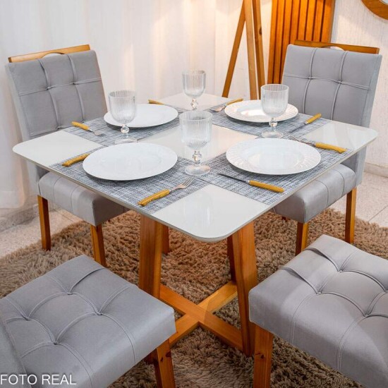 Mesa de Jantar Bali 90x90 Vidro Off Base Madeira + 4 Cadeiras Londres Veludo Prata Minas Plac - Entregue Montada