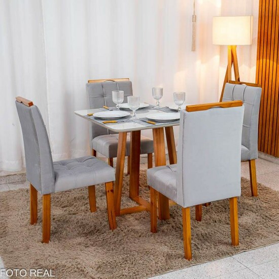 Mesa de Jantar Bali 90x90 Vidro Off Base Madeira + 4 Cadeiras Londres Veludo Prata Minas Plac - Entregue Montada