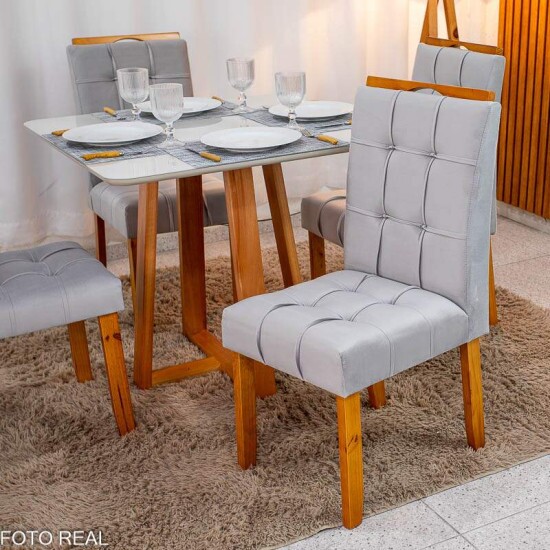 Mesa de Jantar Bali 90x90 Vidro Off Base Madeira + 4 Cadeiras Londres Veludo Prata Minas Plac - Entregue Montada