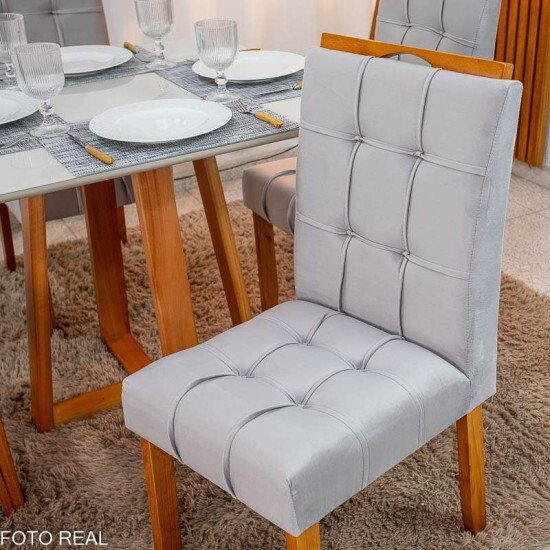 Mesa de Jantar Bali 90x90 Vidro Off Base Madeira + 4 Cadeiras Londres Veludo Prata Minas Plac - Entregue Montada