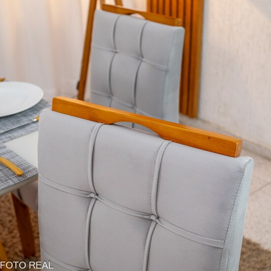 Mesa de Jantar Bali 90x90 Vidro Off Base Madeira + 4 Cadeiras Londres Veludo Prata Minas Plac - Entregue Montada