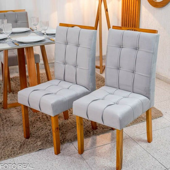 Mesa de Jantar Bali 90x90 Vidro Off Base Madeira + 4 Cadeiras Londres Veludo Prata Minas Plac - Entregue Montada