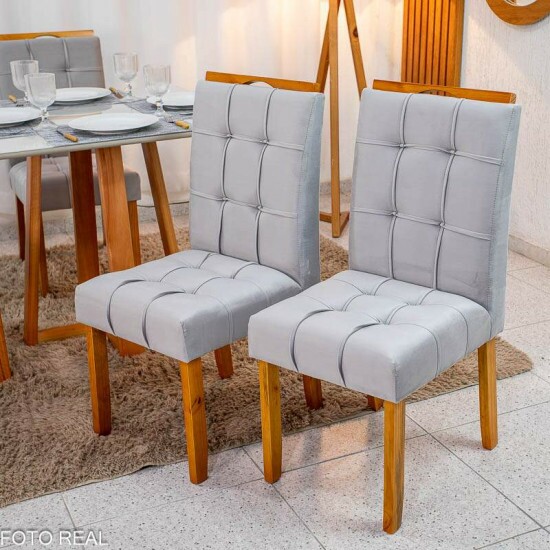 Mesa de Jantar Bali 90x90 Vidro Off Base Madeira + 4 Cadeiras Londres Veludo Prata Minas Plac - Entregue Montada