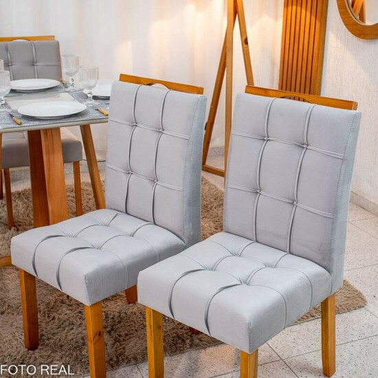 Mesa de Jantar Bali 90x90 Vidro Off Base Madeira + 4 Cadeiras Londres Veludo Prata Minas Plac - Entregue Montada