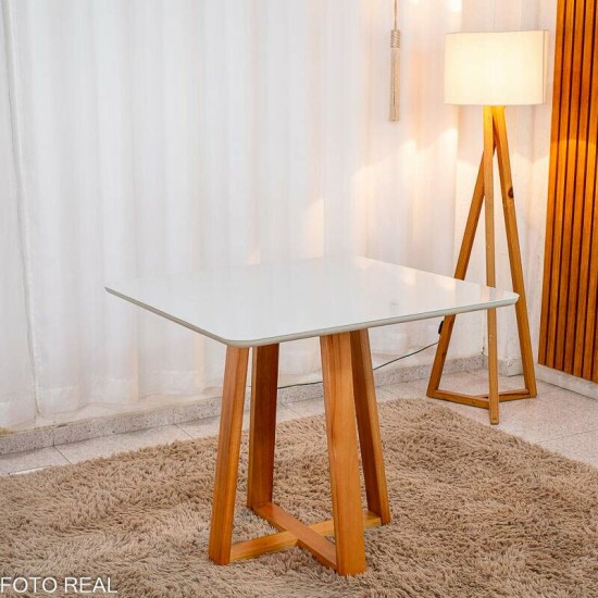 Mesa de Jantar Bali 90x90 Vidro Off Base Madeira + 4 Cadeiras Londres Veludo Prata Minas Plac - Entregue Montada