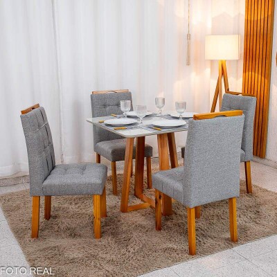 Mesa de Jantar Bali 90�90 Vidro Off/Base Madeira + 4 Cad. Londres Linho Cinza Madeira Minas Plac - Entregue Montada