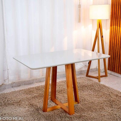 Mesa de Jantar Bali 120x80 Vidro Off/Base Madeira Minas Plac - Entregue Montada