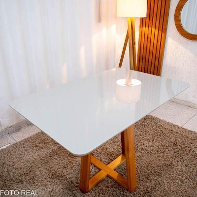 Mesa de Jantar Bali 120x80 Vidro Off/Base Madeira Minas Plac - Entregue Montada