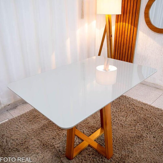 Mesa de Jantar Bali 120x80 Vidro Off/Base Madeira Minas Plac - Entregue Montada