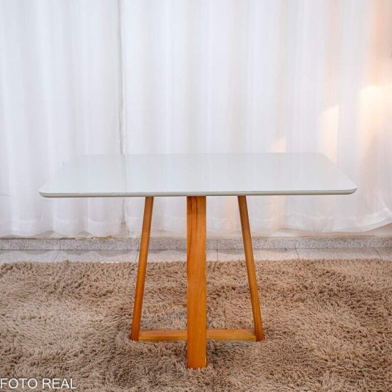 Mesa de Jantar Bali 120x80 Vidro Off/Base Madeira Minas Plac - Entregue Montada