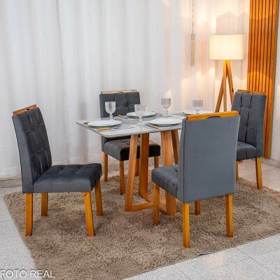 Mesa de Jantar Bali 120x80 Vidro Off Base Madeira + 4 Cadeiras Londres Veludo Chumbo Minas Plac - Entregue Montada