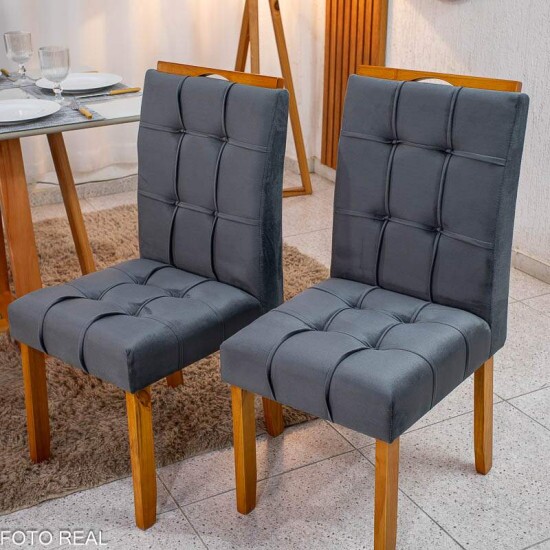 Mesa de Jantar Bali 120x80 Vidro Off Base Madeira + 4 Cadeiras Londres Veludo Chumbo Minas Plac - Entregue Montada