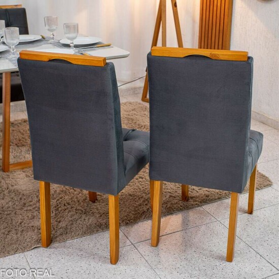 Mesa de Jantar Bali 120x80 Vidro Off Base Madeira + 4 Cadeiras Londres Veludo Chumbo Minas Plac - Entregue Montada