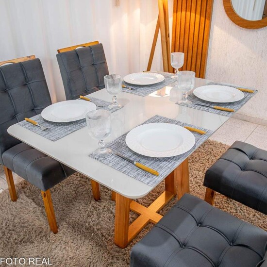 Mesa de Jantar Bali 120x80 Vidro Off Base Madeira + 4 Cadeiras Londres Veludo Chumbo Minas Plac - Entregue Montada