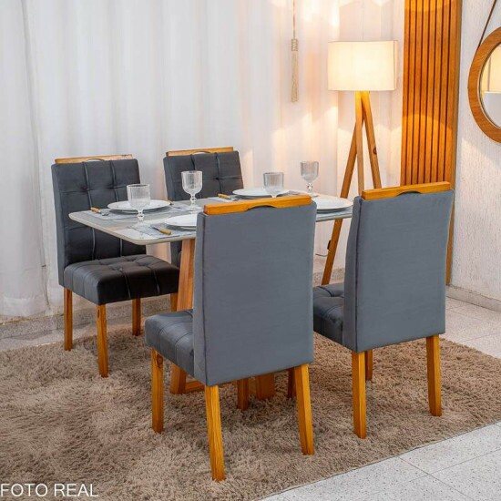 Mesa de Jantar Bali 120x80 Vidro Off Base Madeira + 4 Cadeiras Londres Veludo Chumbo Minas Plac - Entregue Montada