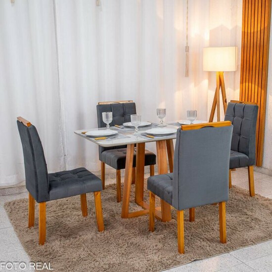 Mesa de Jantar Bali 120x80 Vidro Off Base Madeira + 4 Cadeiras Londres Veludo Chumbo Minas Plac - Entregue Montada