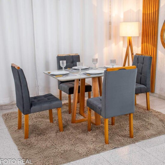 Mesa de Jantar Bali 120x80 Vidro Off Base Madeira + 4 Cadeiras Londres Veludo Chumbo Minas Plac - Entregue Montada
