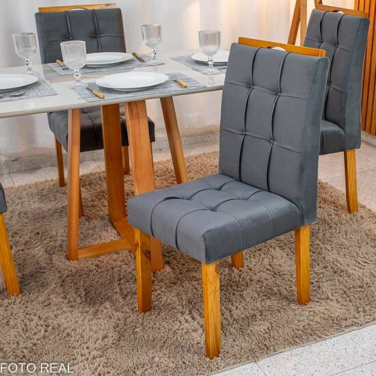 Mesa de Jantar Bali 120x80 Vidro Off Base Madeira + 4 Cadeiras Londres Veludo Chumbo Minas Plac - Entregue Montada
