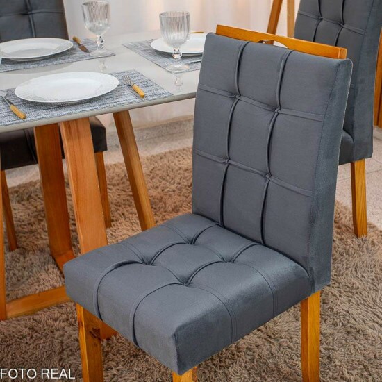 Mesa de Jantar Bali 120x80 Vidro Off Base Madeira + 4 Cadeiras Londres Veludo Chumbo Minas Plac - Entregue Montada