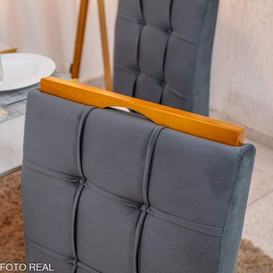 Mesa de Jantar Bali 120x80 Vidro Off Base Madeira + 4 Cadeiras Londres Veludo Chumbo Minas Plac - Entregue Montada