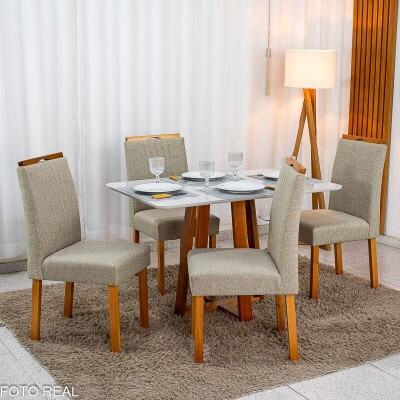 Mesa de Jantar Bali 120�80 Vidro Off Base Madeira + 4 Cadeiras Atlanta Linho Bege Cru Estrutura Madeira Minas Plac | Entregue Montada