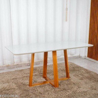 Mesa de Jantar Bali 160x80 Vidro Off/Base Madeira Minas Plac - Entregue Montada
