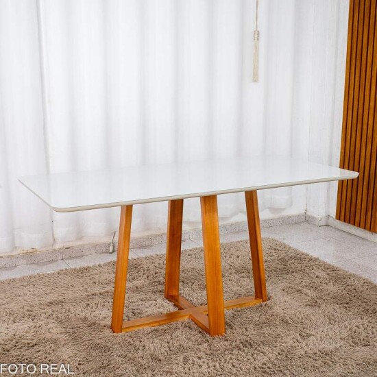 Mesa de Jantar Bali 160x80 Vidro Off/Base Madeira Minas Plac - Entregue Montada