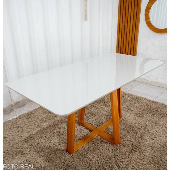 Mesa de Jantar Bali 160x80 Vidro Off/Base Madeira Minas Plac - Entregue Montada