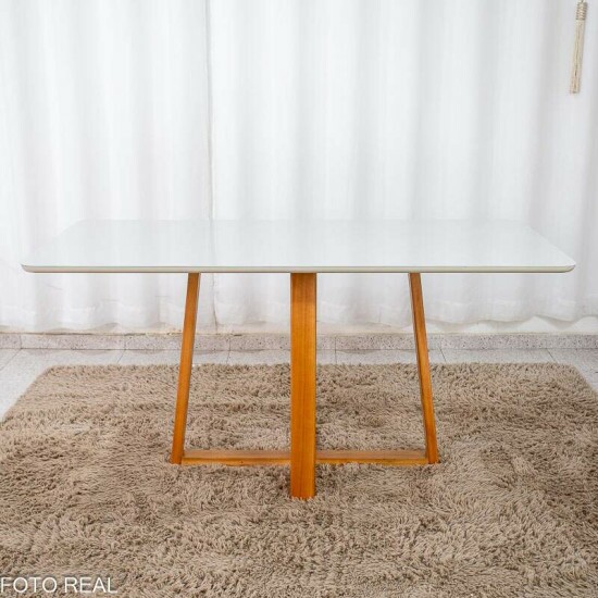 Mesa de Jantar Bali 160x80 Vidro Off/Base Madeira Minas Plac - Entregue Montada
