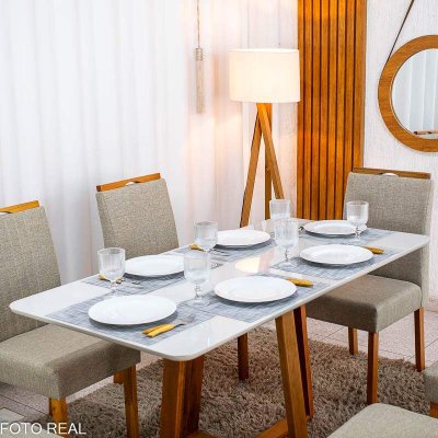 Mesa de Jantar Bali 160x80 Vidro Off Base Madeira + 6 Cadeiras Atlanta Linho Bege Minas Plac - Entregue Montada
