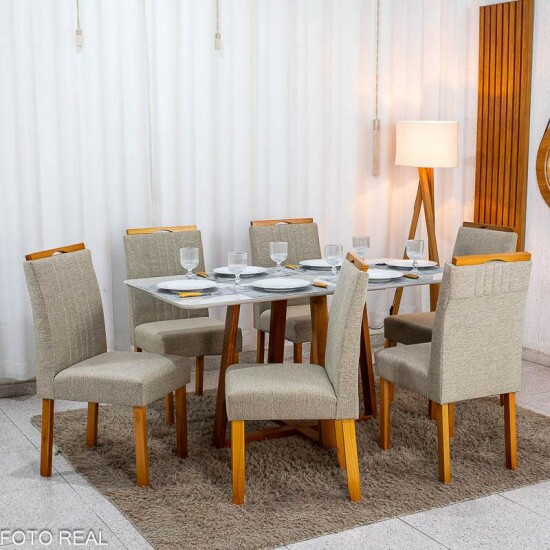 Mesa de Jantar Bali 160x80 Vidro Off Base Madeira + 6 Cadeiras Atlanta Linho Bege Minas Plac - Entregue Montada