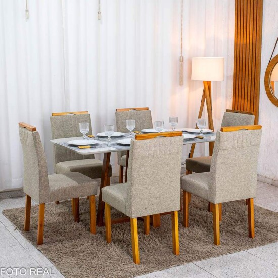 Mesa de Jantar Bali 160x80 Vidro Off Base Madeira + 6 Cadeiras Atlanta Linho Bege Minas Plac - Entregue Montada